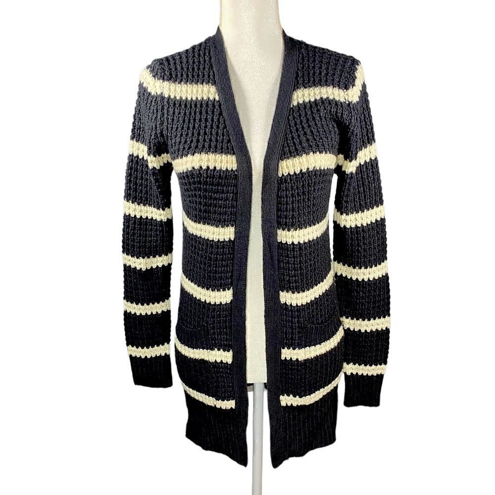 Pink Rose Navy and White Striped Knit Back Lace-Up Cardigan Women’s Size Medium